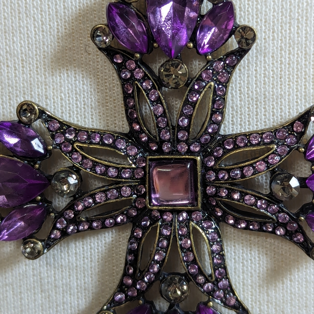 Brass Vintage  Cross with Purple colored glass and pink color stones Necklace